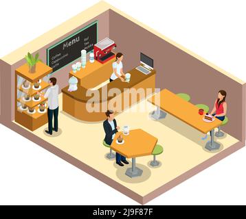 Isometric coffee shop interior concept with barrister at counter customers drinking coffee and eating desserts at tables isolated vector illustration Stock Vector