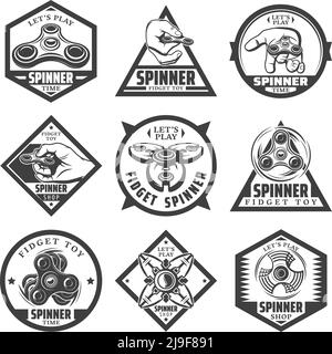 Vintage popular spinner labels set with inscriptions hands rotating trendy toys and different types of modern gadgets isolated vector illustration Stock Vector