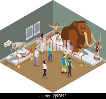 Isometric museum exhibition concept with visitors view dinosaur skeleton and exposure of primitive people hunting on mammoth isolated vector illustrat Stock Vector