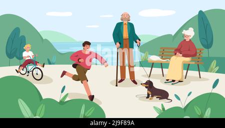 Flat people walk in park. Fun children running and riding bicycle in nature landscape. Senior man walking with dog on a leash, elderly woman sitting on bench. Pensioners recreating, kids playing. Stock Vector