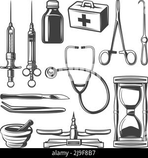 Vintage medical icons collection with syringes doctor bag stethoscope hourglass mortar bottle scales surgical instruments isolated vector illustration Stock Vector