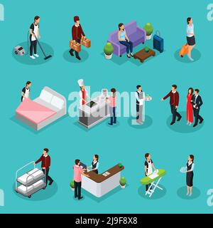 Isometric hotel services set with maid bellboy waiter receptionist clients characters ironing cleaning room cooking laundry services isolated vector i Stock Vector