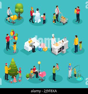 Isometric fatherhood elements set of father walking playing shopping cooking reading decorating Christmas tree fishing with children isolated vector i Stock Vector