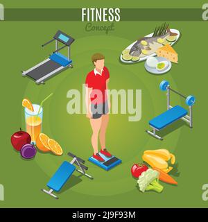 Isometric fitness concept with man standing on scales sport trainers healthy food and beverage isolated vector illustration Stock Vector