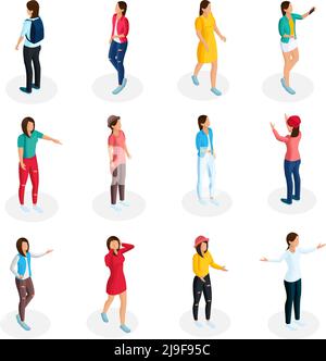 Isometric teenagers collection with young girls wearing casual outfit and standing in various poses isolated vector illustration Stock Vector