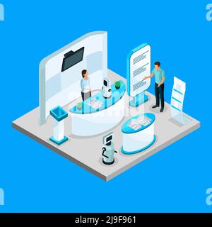 Isometric robotics exhibition template with company advertising robots using promotional stands isolated vector illustration Stock Vector