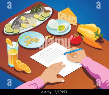 Isometric proper nutrition concept with man makes diet menu of healthy food products vector illustration Stock Vector
