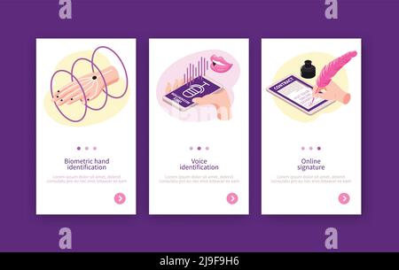 Isometric biometric identification vertical banners set with page switch buttons and images of human fingerprints signatures vector illustration Stock Vector