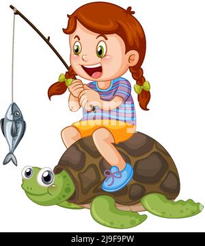 Kid sitting on turtle fishing illustration Stock Vector