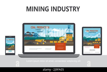 Flat mining industry adaptive design concept with industrial factory bucket wheel dump truck wagons transporting coal on tablet phone laptop screens i Stock Vector
