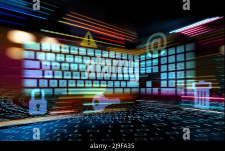 Colorful digital security concept binary code and neon keyboard moving and blurred by motion Stock Photo