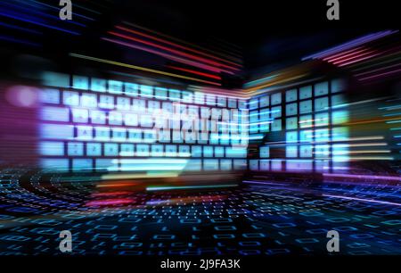 Digital security concept, binary code and neon keyboard moving and blurred by motion Stock Photo