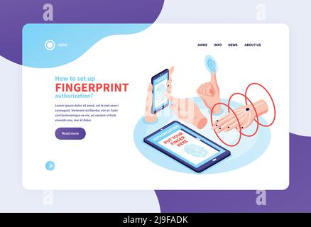 Isometric biometric identification concept banner web site landing page with clickable links and human hand images vector illustration Stock Vector