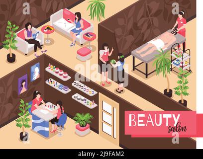 Isometric beauty salon background composition with indoor view of spa studio with people during therapy procedures vector illustration Stock Vector