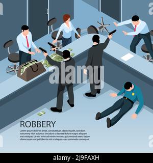 Isometric criminal background with indoor scenery of robbery characters of people with money bags and guns vector illustration Stock Vector