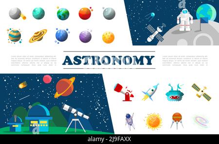 Flat universe elements colorful set with different planets astronaut in outer space satellite planetary telescope spaceship moon rover sun constellati Stock Vector