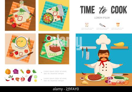 Flat healthy food cooking infographic template with chef vegetables meat cheese on cutting board knives vector illustration Stock Vector