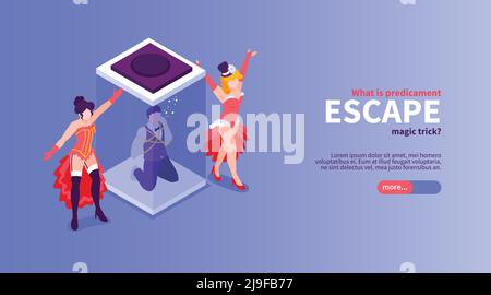 Isometric magician show horizontal banner with text slider button and doodle characters of dancers and illusionist vector illustration Stock Vector