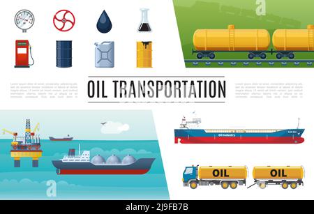 Flat oil industry elements set with truck gas station tanker valve manometer barrel canister gasoline tanks sea drilling rig vector illustration Stock Vector