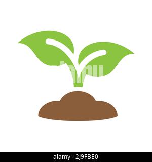Seedling with soil vector icon. Young plant or sprout in green. Stock Vector