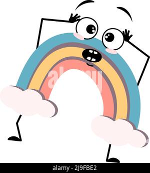 Cute rainbow character with panic emotions, surprised face, shocked eyes, arms and legs. Person with scared expression and pose. Vector flat illustration Stock Vector