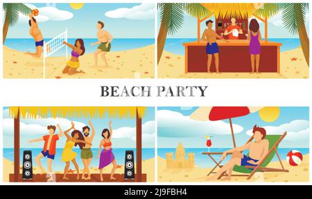 Flat summer beach vacation composition with people playing volleyball dancing drinking cocktails and man sunbathing on chaise lounge vector illustrati Stock Vector