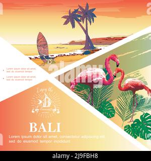 Sketch Bali vacation template with flamingos monstera and palm leaves tropical beach landscape vector illustration Stock Vector