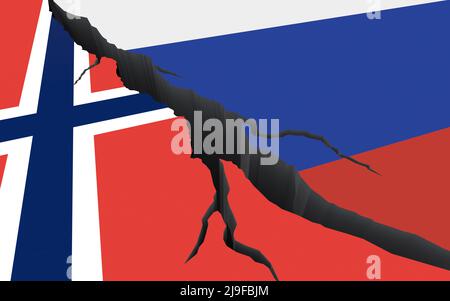 Flags of the Russian Federation and Norway on background of the cracks. Crisis in relations between countries. War, sanctions, conflict, embargo. 3d r Stock Photo