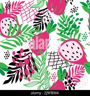 Seamless pattern of tropical leaves, pitaya and abstract spots and grid, summer vector illustration in cartoon style. Pitaya and tropical leaves. Brig Stock Vector