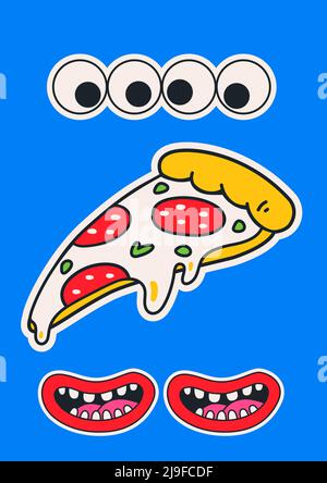 Cartoon vector funny cute Comic characters, pizza poster. Stock Vector