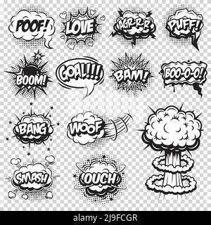 Set of comics speech and explosion bubbles. Monochrome style with text on transparent background. Stock Vector