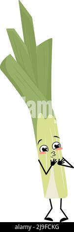 Cute green leek character with love emotions, smile face, arms and legs. Healthy vegetable with funny expression and posture, rich in vitamins. Vector flat illustration Stock Vector