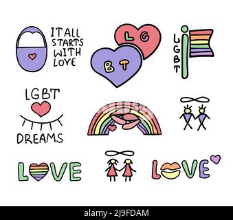Colorful LGBT doodle set on white background Stock Vector