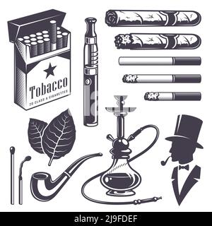 Set of vintage smoking tobacco elements. Monochrome style. Isolated on white background. Stock Vector
