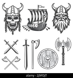 Set of monochrome viking elements isolated on white background Stock Vector