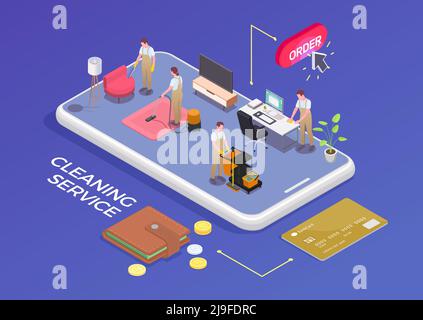Four people from cleaning service mopping hoovering dusting furniture isometric concept on blue background 3d vector illustration Stock Vector