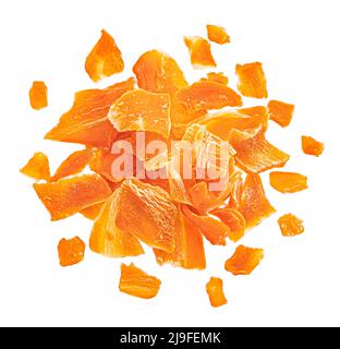 Dry carrot flakes isolated on white background, top view Stock Photo