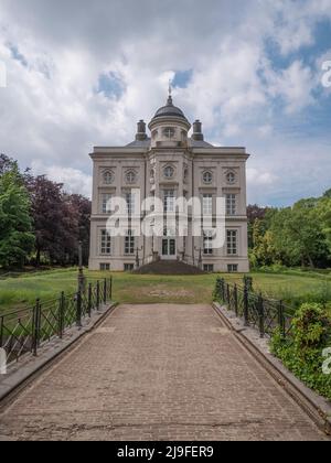 Beveren, Belgium, May 22, 2022, The bridge to the grand staircase at the main entrance of the castle, Hof Ter Saksen Stock Photo