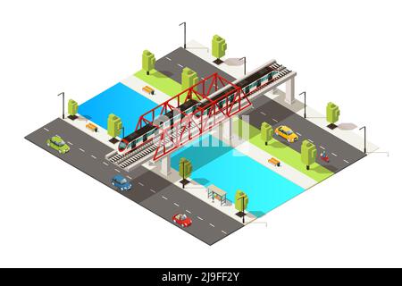 Isometric colorful railway transportation concept with cars scooter and passenger train moving across river on bridge isolated vector illustration Stock Vector