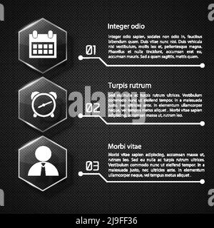 Web infographic concept with text glass hexagons white icons three options on dark netting background vector illustration Stock Vector