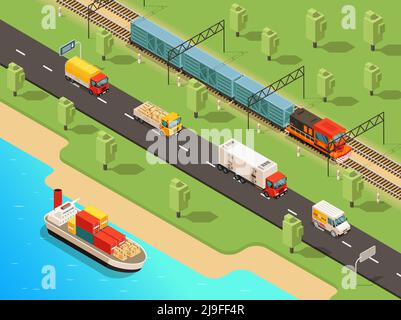 Isometric logistic transportation concept with ship trucks van and freight train transporting different goods vector illustration Stock Vector