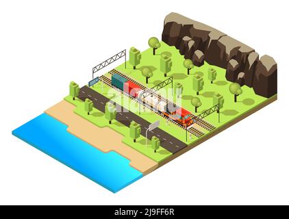 Isometric railroad transportation concept with freight train or locomotive moving through forest isolated vector illustration Stock Vector