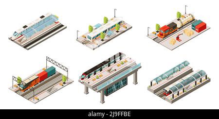 Isometric modern railway transport collection with locomotive freight and passenger trains isolated vector illustration Stock Vector