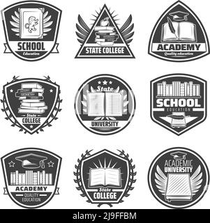 Vintage monochrome education labels set with inscriptions books diploma certificate apple feathers graduation cap isolated vector illustration Stock Vector