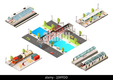 Isometric modern trains concept with passenger freight railway vehicles subway and bridge railroad isolated vector illustration Stock Vector