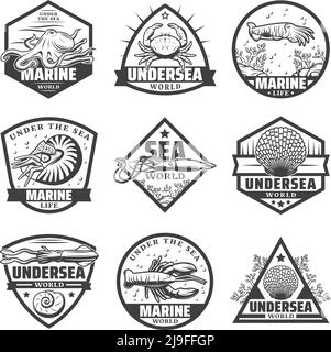 Vintage monochrome marine animals labels set with octopus shrimp cuttlefish lobster crab squid isolated vector illustration Stock Vector