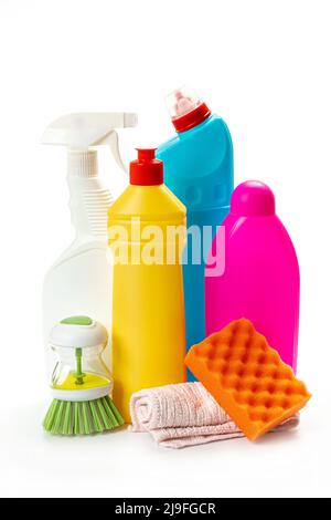plastic bottle, cleaning sponges and gloves isolated on white background Stock Photo