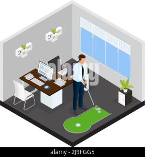 Isometric mini golf template with businessman playing game on small course in office vector illustration Stock Vector