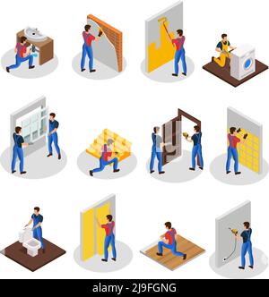 Isometric home repair set with different professional workers and house renovation and improvement procedures isolated vector illustration Stock Vector