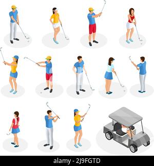Isometric golf players collection with cart and golfers holding clubs in different poses isolated vector illustration Stock Vector